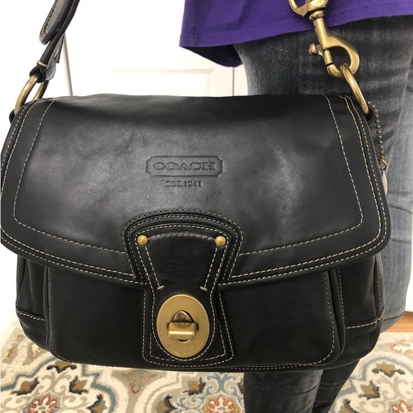 Coach Black Leather Fold-over Flap Turn-lock Hobo Shoulder Purse Bag - Picture 7 of 13